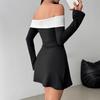 Women Evening Party Flare Sleeve Flat Shoulder Solid Color Bodycon Mini Package Hip Dress
