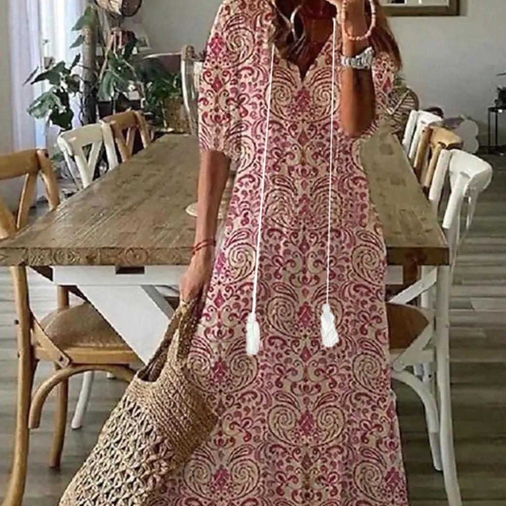 Summer Women V-neck Short Sleeved Long Dress Elegant Flower Printed Women's Loose Dress Bohemian Style Women's Clothing