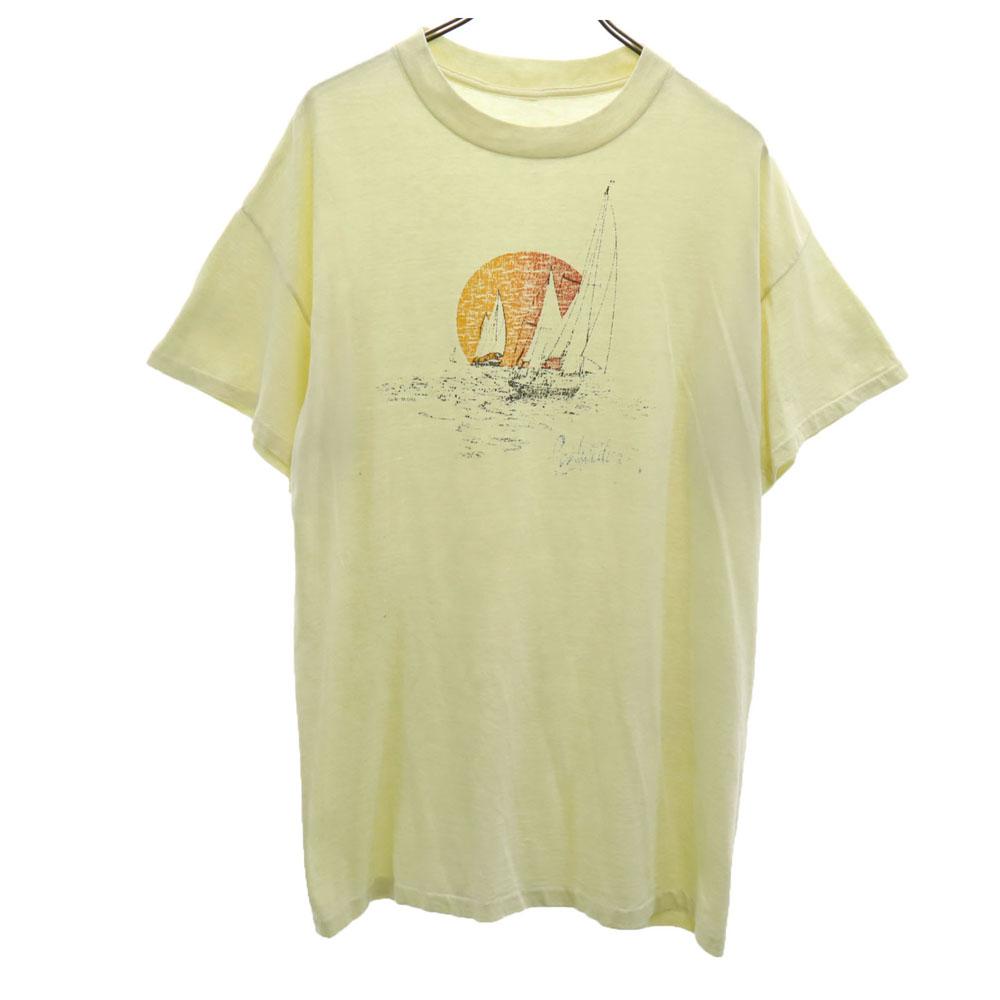 

70-е 80-е Футболка с коротким рукавом одинарной строчки желтая Старая винтажная Мужская Б/У