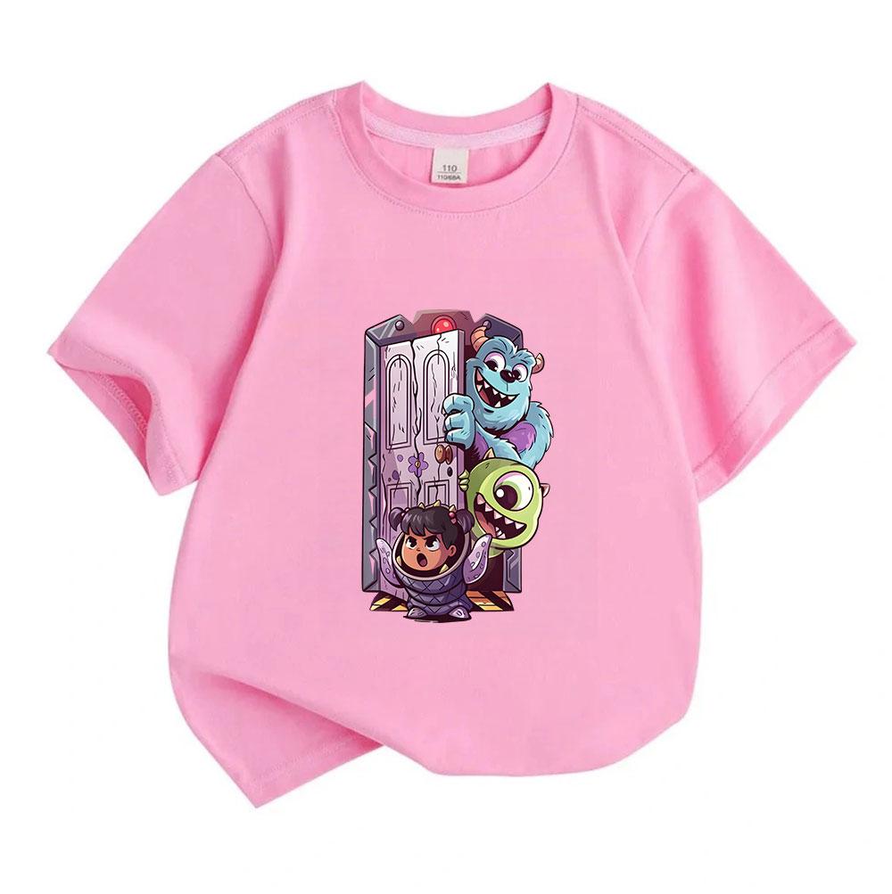 Kids Boys Girls 100% Cotton Crew Neck Short Sleeve T-Shirt, Cute Monster Door Cartoon Print Casual Summer Tees for Children Everyday Wear Lightweight