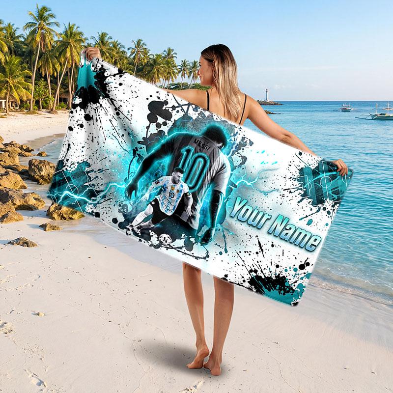 Lionel Messi Individuelles Strandtuch, Personalisierter Name Textdruck, Fußball Logo Weiches Schnelltrocknendes Handtuch Urlaubsgeschenk