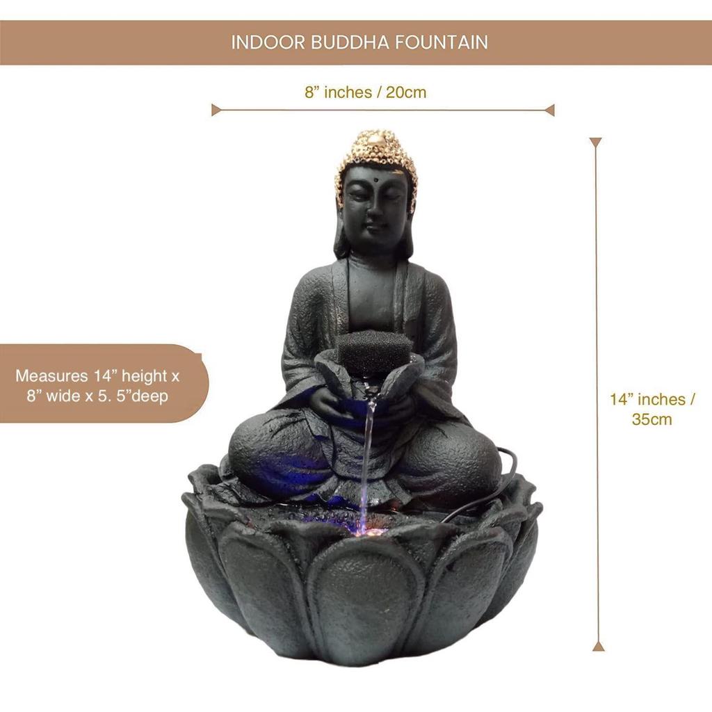 Buddha Statue Water Fountain for Living Room Home Decor Decoration Table Top Indoor Outdoor Gift Gifting Items, 14 Inches / 35cm (14inches, Black)
