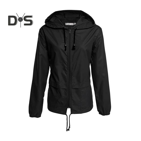 Giacca antipioggia da donna, leggera, comoda, casual, per campeggio, escursionismo, con cappuccio, impermeabile, foderata, antivento, con tasche