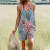 1116 European and American women's clothing ebay summer cotton and linen retro printing straps wide-leg women's jumpsuit