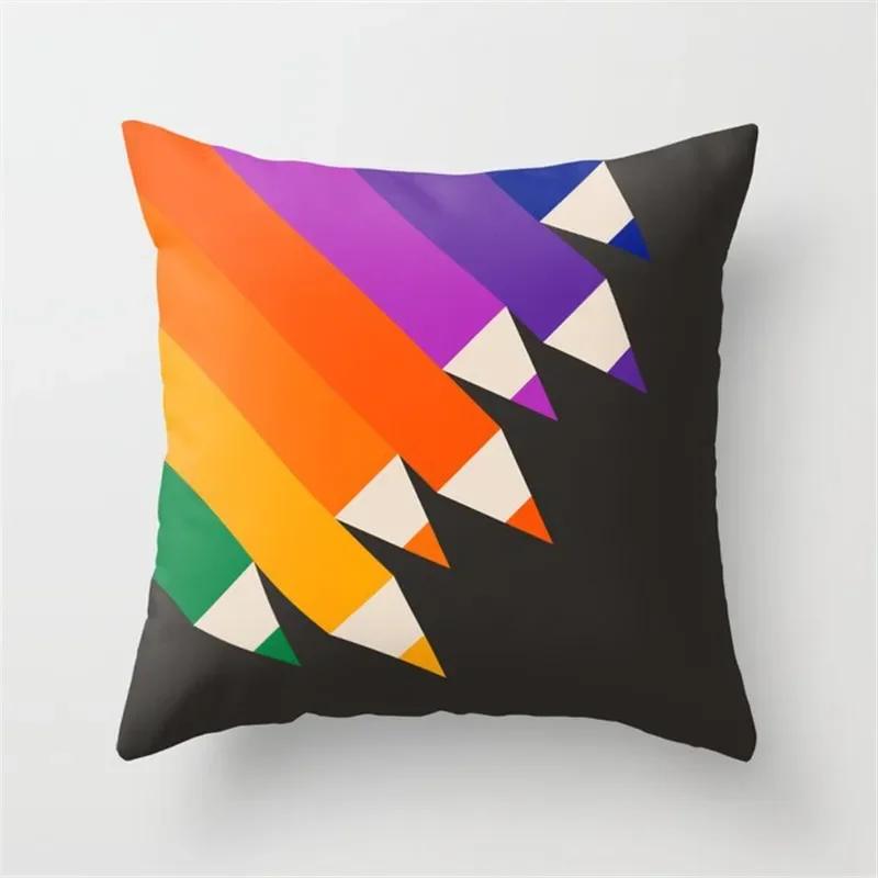 Vibrant Orange Rainbow Sunset Print Pillow Cover Abstract Geometric Lines   Sofa Car Office Cushion  Home Decor