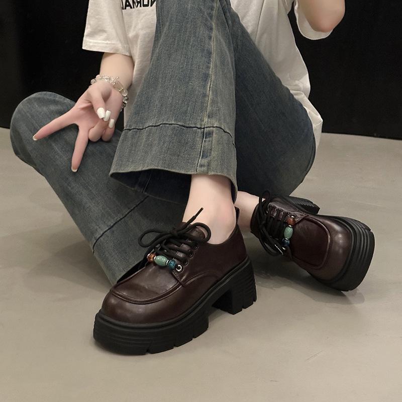 Retro round head beaded small leather shoes women's 2025 early autumn new versatile British style platform lace-up loafers