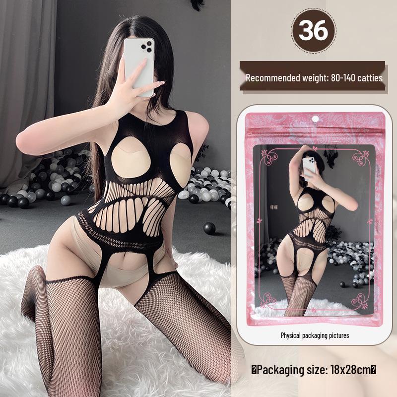 Linlinting Plus Size Sexy See-through Cutout Bodysuit with Open Crotch Stockings Set