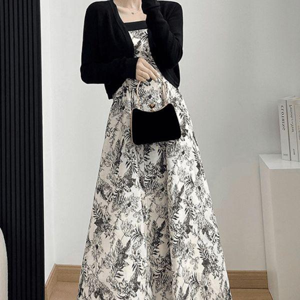 Floral Black Two-Piece: Dress & Cardigan Set