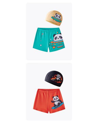 Cartoon Panda Boys' Two-Piece Swimsuit & Cap Set - Beach & Hot Spring Wear