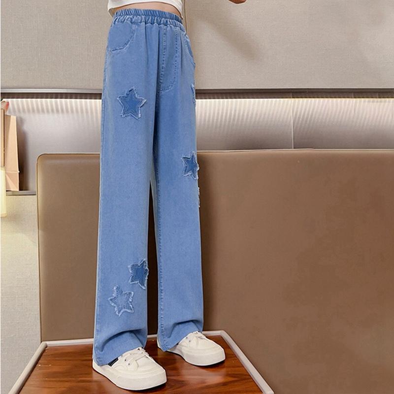 5-16 Years Kids Girls Pants Star Embroidered Casual Jeans