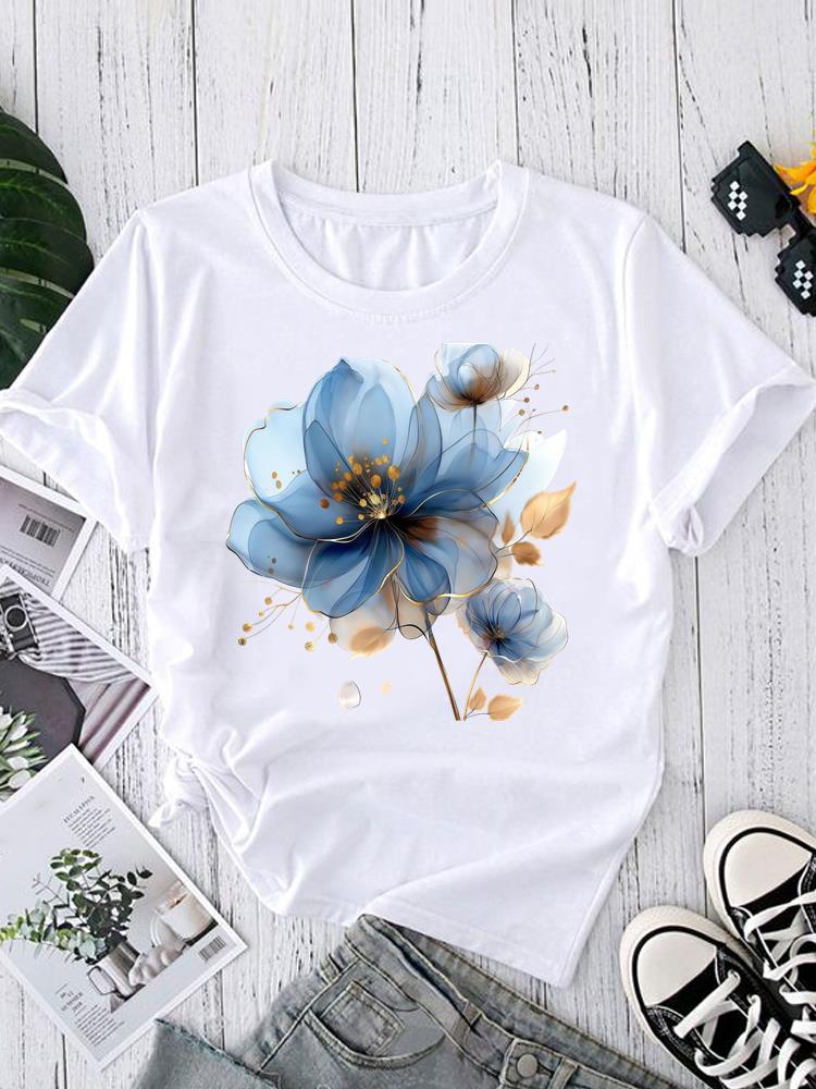 (Asian Size) flower sweet trend Women's Top T Clothing Print Short Sleeve T-shirts Fashion Female Casual O-neck Graphic Tee