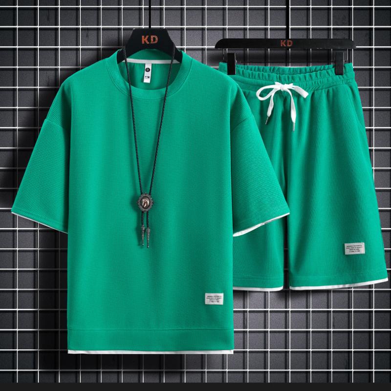 Waffle Short-sleeved Men's Summer Casual Sports Men's Shirt Sweater Suit Men's T-shirt Shorts Two-piece Men