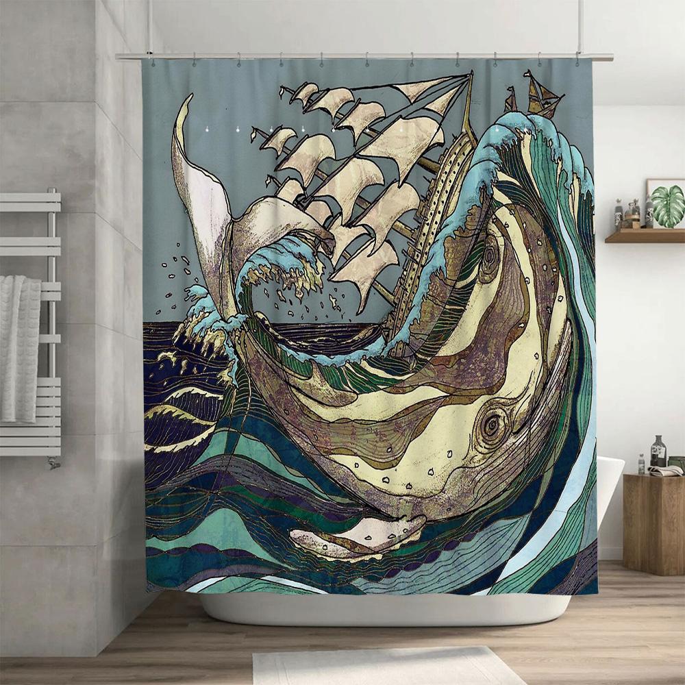 Ocean Wave Whale Pattern Shower Curtain Nautical Sea Life Decor Bathroom Backdrop Vintage Artistic Home Textile