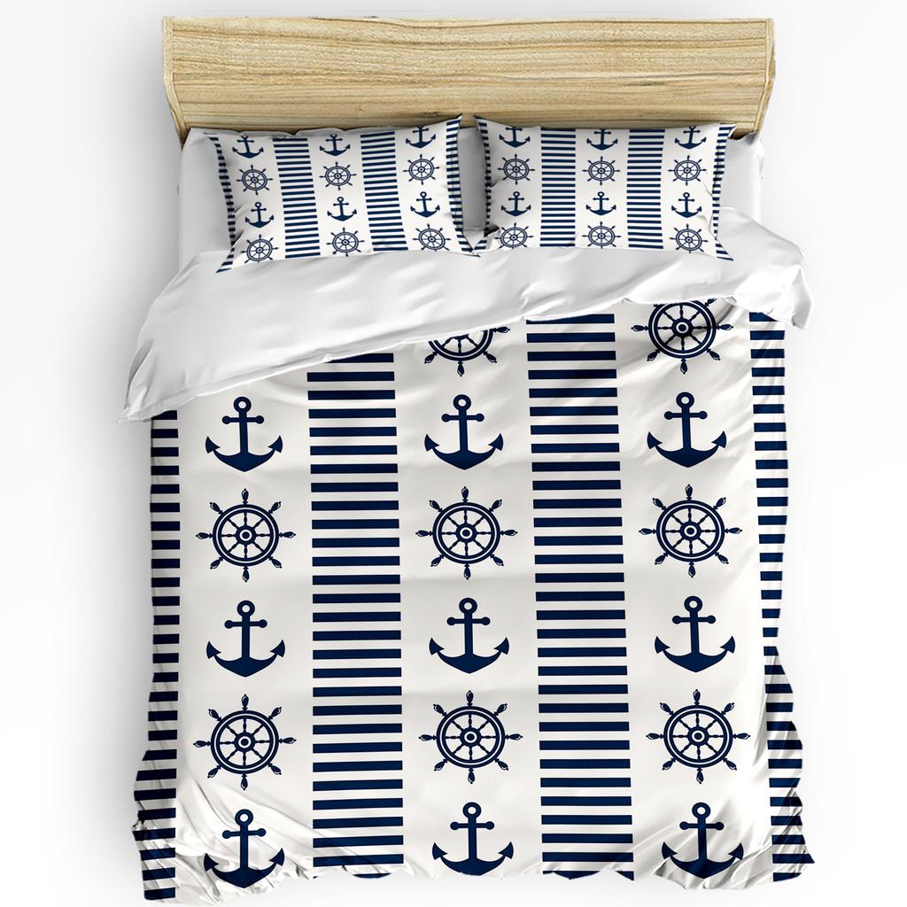 Striped Ship Rudder Anchor 3pcs Bedding Set For Double Bed Home Textile Duvet Cover Quilt Cover Pillowcase