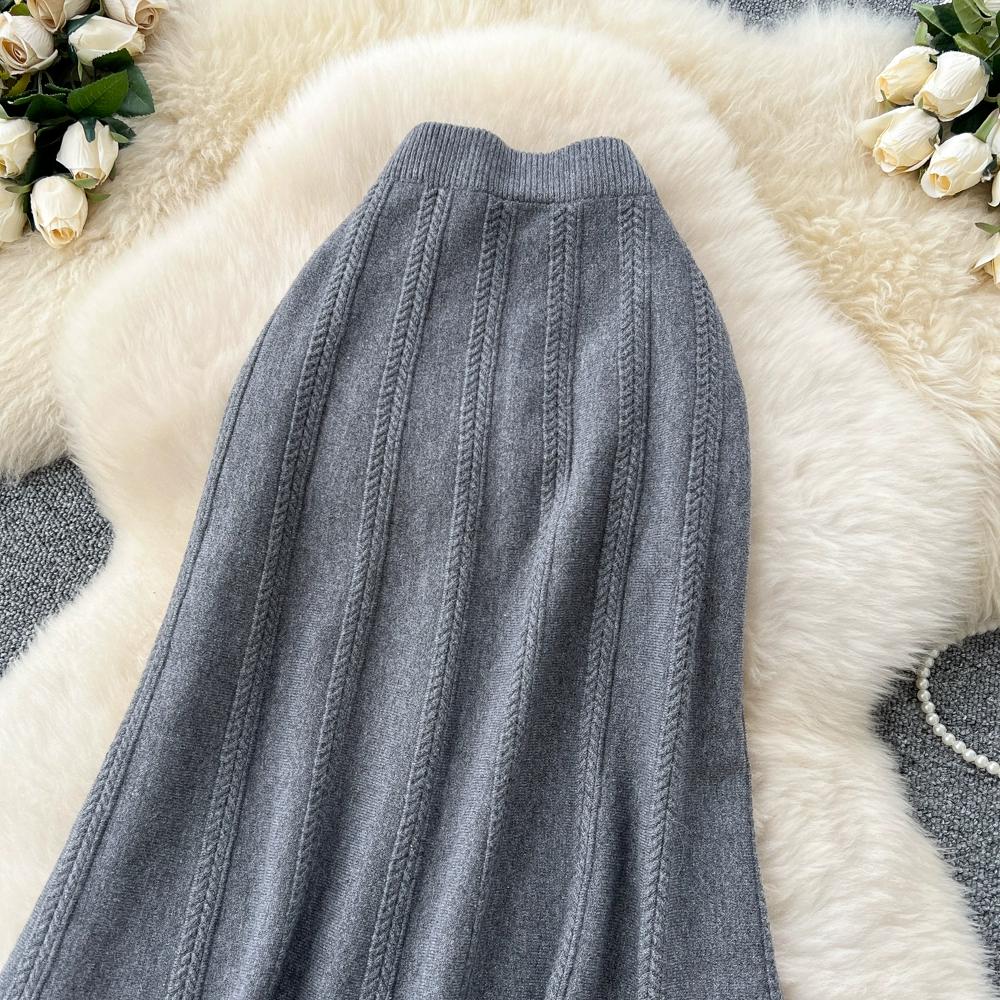 Autumn Winter Women Casual Twist Knitted Elastic High Waist Long Midi Skirt