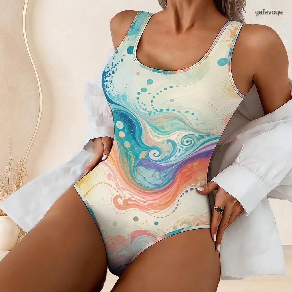 Women Plus Size Red Black Printed Scoop Neck Wide Straps High Cut One Piece Swimsuit