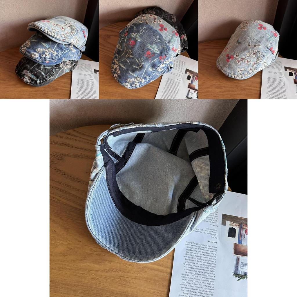 Ethnic Style Denim Cotton Cap With Floral Print For Streetwear And Sun Protection