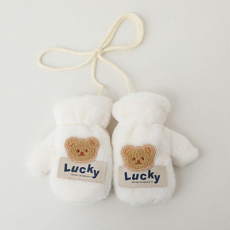

Kids Cartoon Bear Head Gloves Boys Girl Winter Thickened Plush Gloves Baby Heat Patches Finger Lanyard Gloves White Bear Head Gloves One size