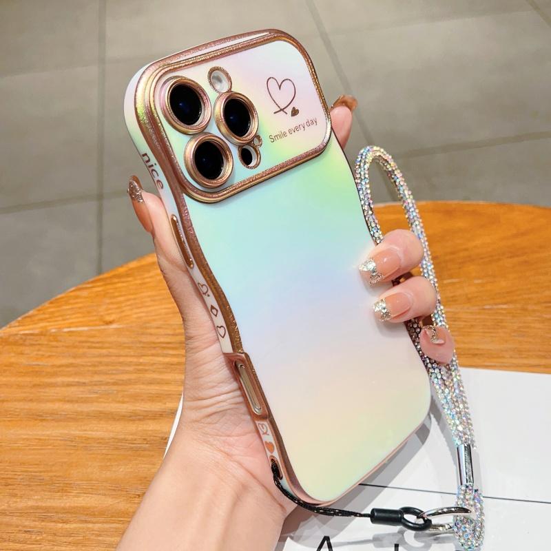 

Чехол для iPhone 16 Pro с ремешком, ТПУ задняя крышка телефона, ослепительный дизайн, фигурная форма, сердце любви Colorful Green