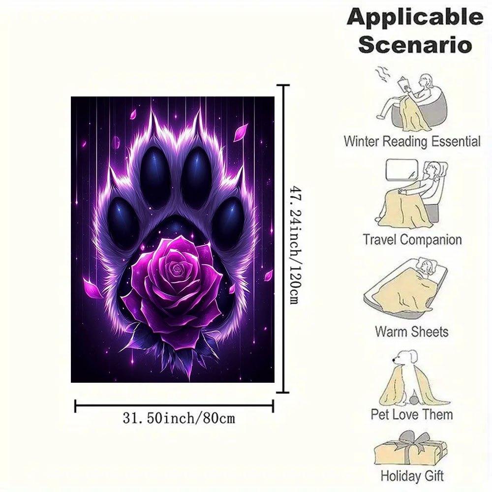 Purple Rose Paw Print Wall Art DecorBlanket Flannel Throw Blanket for Sofa, Bed, Travel, Camping, Office, Couch, Chair, And Bed Gift for Chr