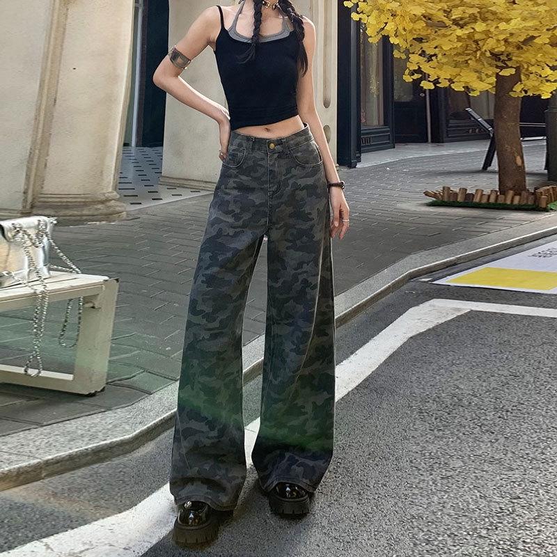 Women s High-Waisted Camouflage Cargo Jeans - Wide-Leg, Petite, Cool Street Style 3X-Large камуфляжный