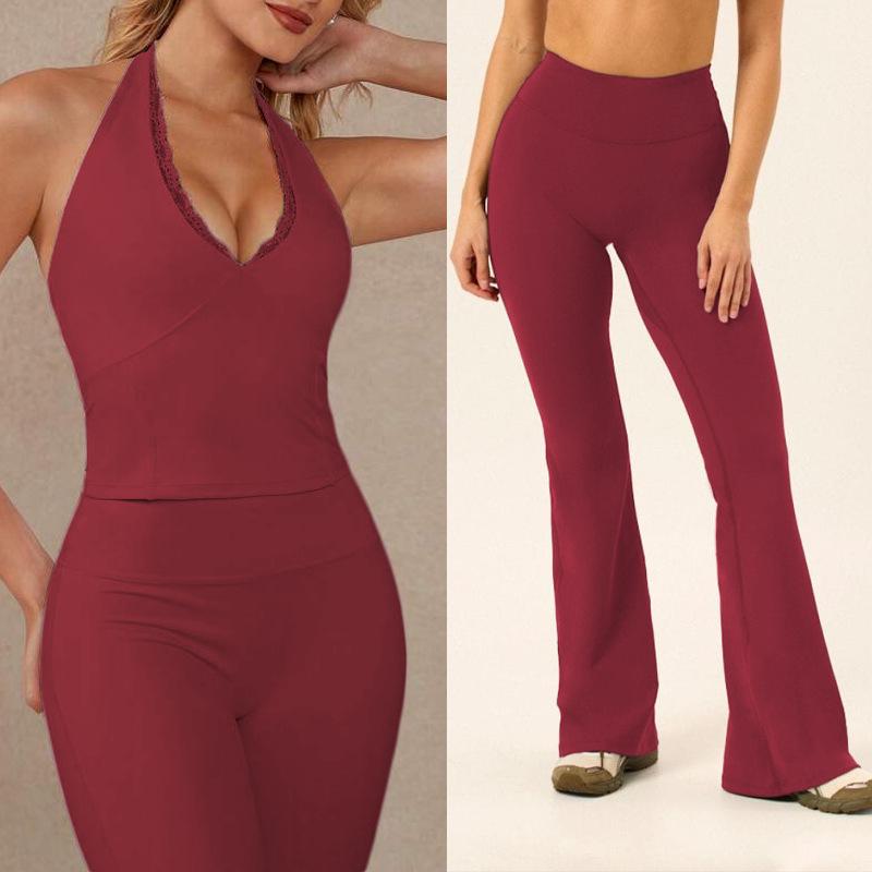 Yoga Pants Set Lace Splicing Neck Top Women's High Waist Flared Pants Running Sports Fitness Set