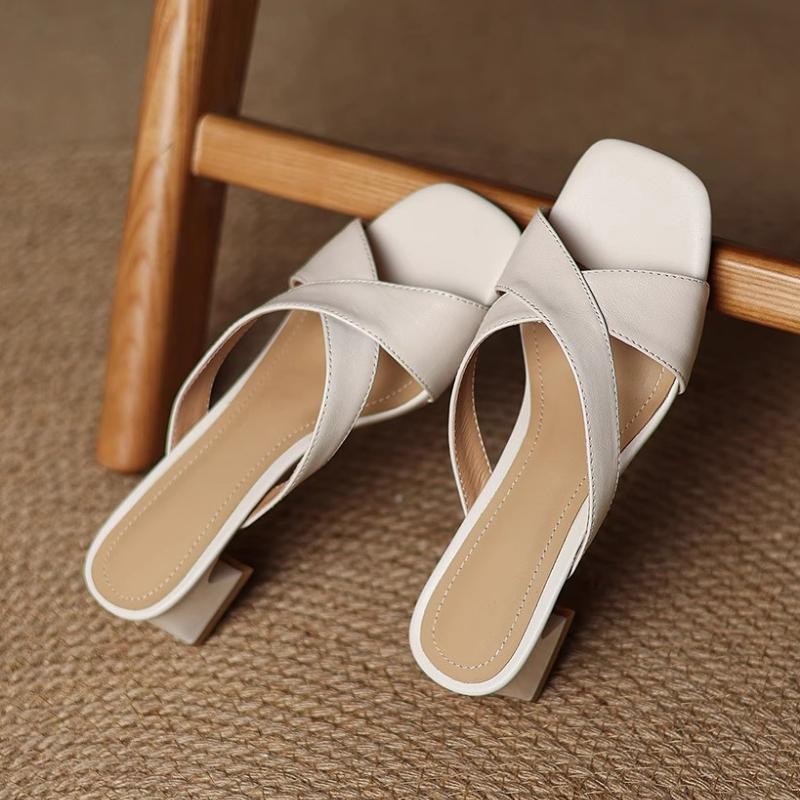 Fashion Cross Tied Design Brand High Heel Slippers Women Comfortable Concise Square Toe Slide Sandals Summer Sexy Open Toe Beach Sandals