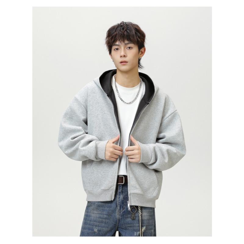 Men Heavy Weight American Color Block Loose Hooded Long Sleeve Zip Up Casual Hoodie Jacket