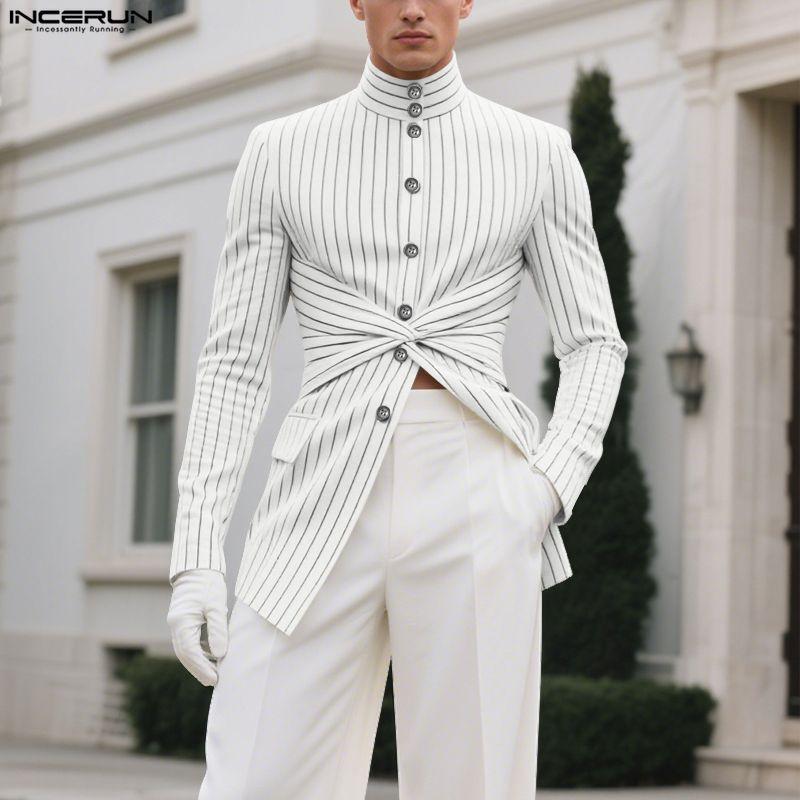 INCERUN Oversized Men High Neck Long Sleeve Twisted Striped Print Casual Loose Shirts