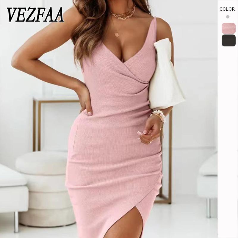 

VEZFAA женские модные летние весенние однотонные коктейльные и вечерние платья без рукавов с v-образным вырезом и высокой талией