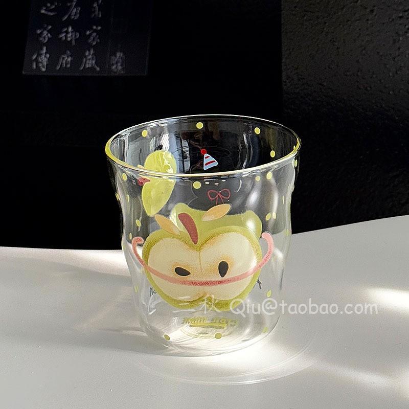 Green Apple Cat Glass Cup, Heat-resistant Water Cups, High-end Luxury Coffee Cup, Cold Drink Juice Beer Cup, Christmas Gift Set 360ml
