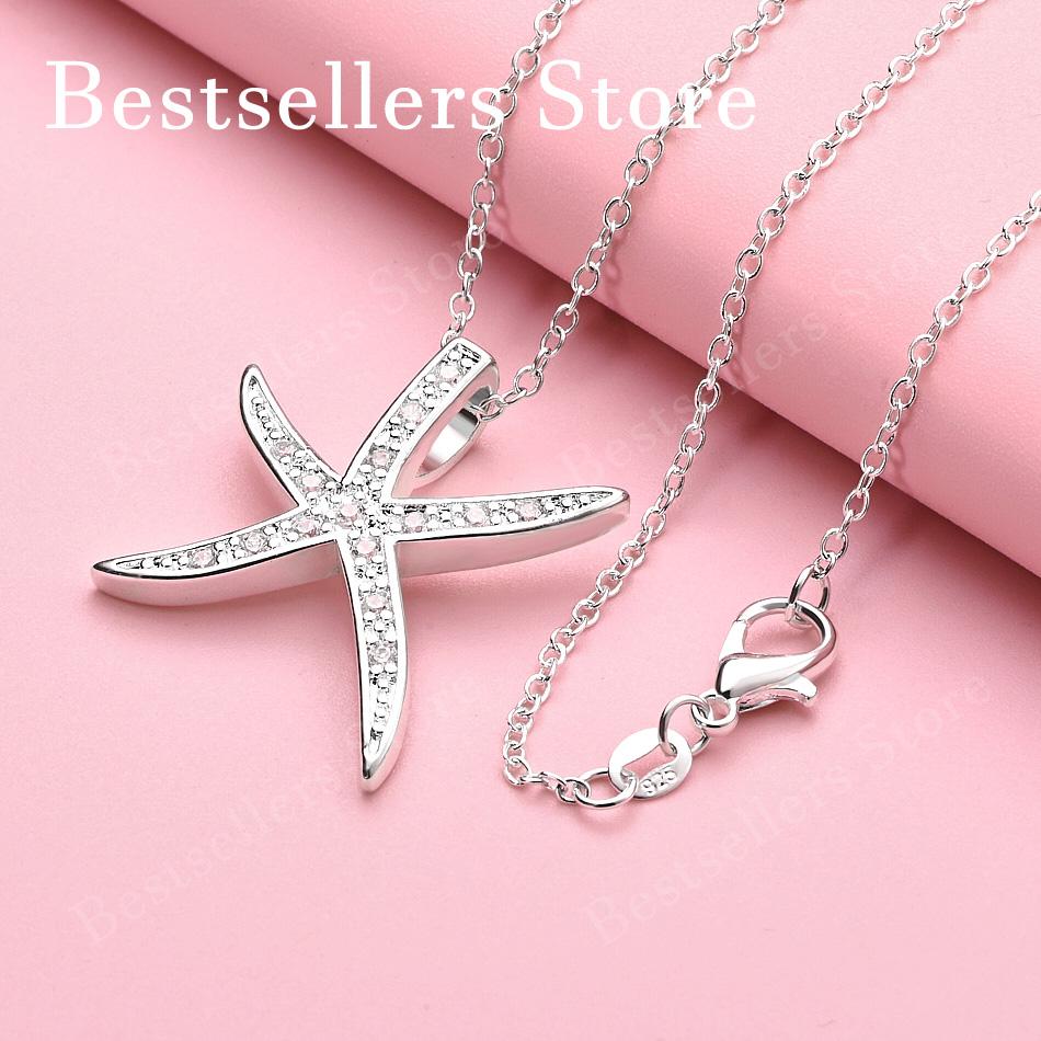 925 Sterling Silver 16-30 Inch Exquisite Starfish Zircon Pendant Necklace, Women's Wedding Accessories Gift, Fashionable Jewelry