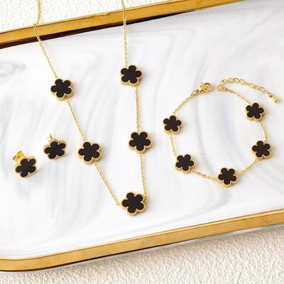 3Pcs 18k Gold-Plated Five-Leaf Flower Necklace Earrings Bracelet Zircon Set For Woman Fashion Party Zircon Daily Wear Clover