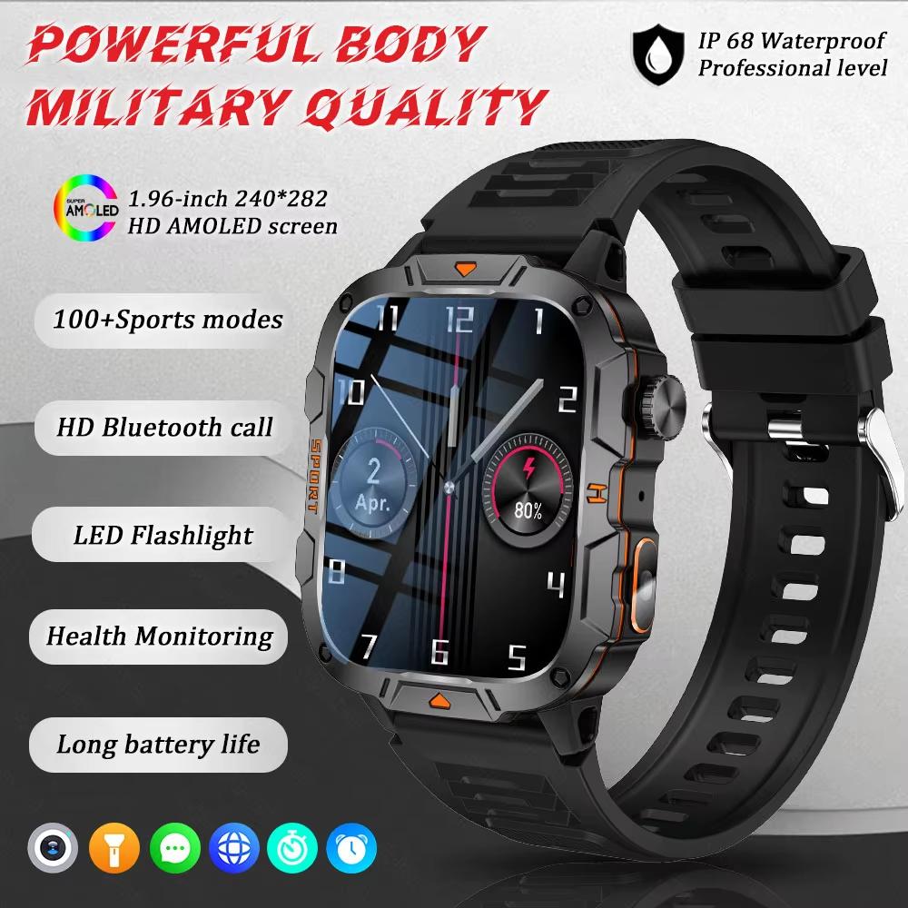 2025 New Military Grade Smart Watch Men 1.96" AMOLED Screen 5ATM Waterproof Sports Fitness Tracker BT Call Smartwatch For Xiaomi
