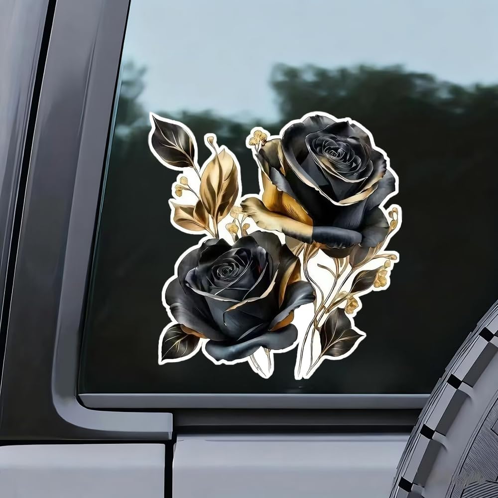 Zwei Schwarz-Goldene Rosen Pack Vinyl Aufkleber, Wasserdichtes Poly Bier Überzogen für Autos, Laptops und Glatte Oberflächen A047