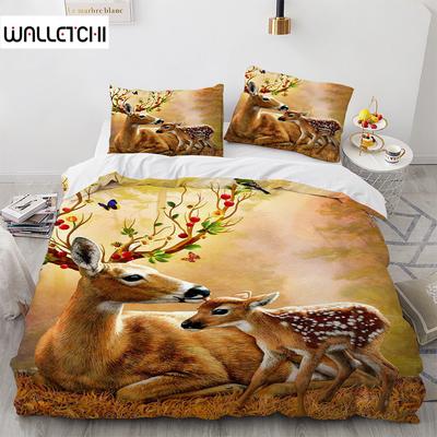 Hirsch Bettbezug Set Wildtiere Blumenmuster Polyester Bettwäsche Set King Twin Full Size Bettdeckenbezug für Kinder Jungen Mädchen