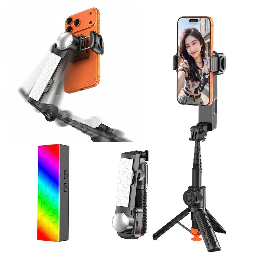 Ariake Q39 Selfie Stick Gimbal Tripod Smartphone Stabilizer with 8-Color LED Light Remote Control One-Touch Auto Deploy Vlog YouTube TikTok