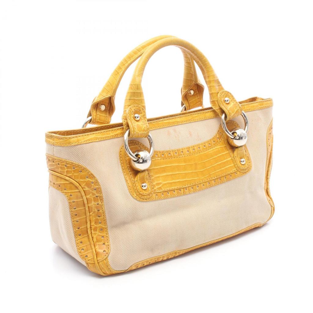 Used CELINE Boogie Bag Embossed Handbag Canvas Leather Beige Yellow Used Women