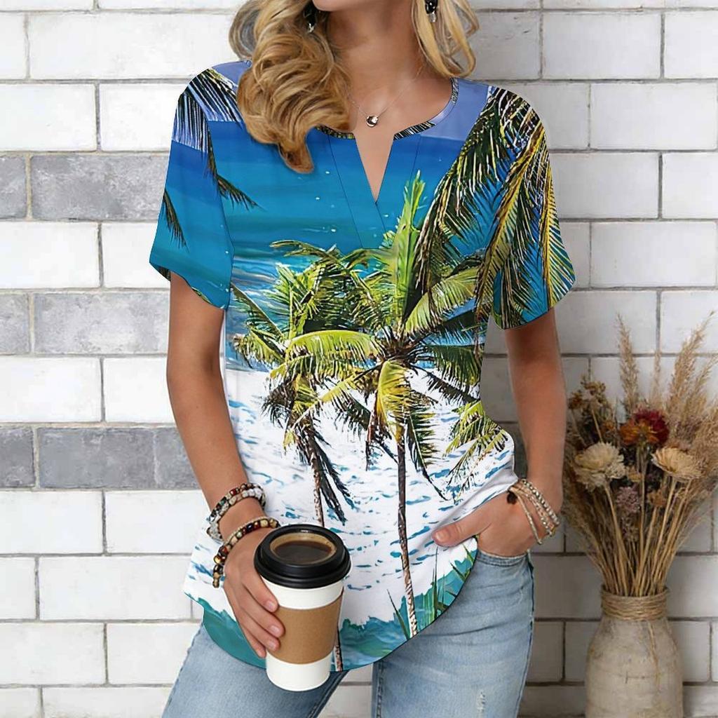 Women Blue Ocean Coconut Palm Beach Print Short Sleeve V Neck Blouse
