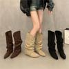 Inner Height Increase Apricot Suede Pile Medium Tube Knight Boots Women's Shoes 2025 Spring, Autumn and Winter Pointed Retro Long Boots