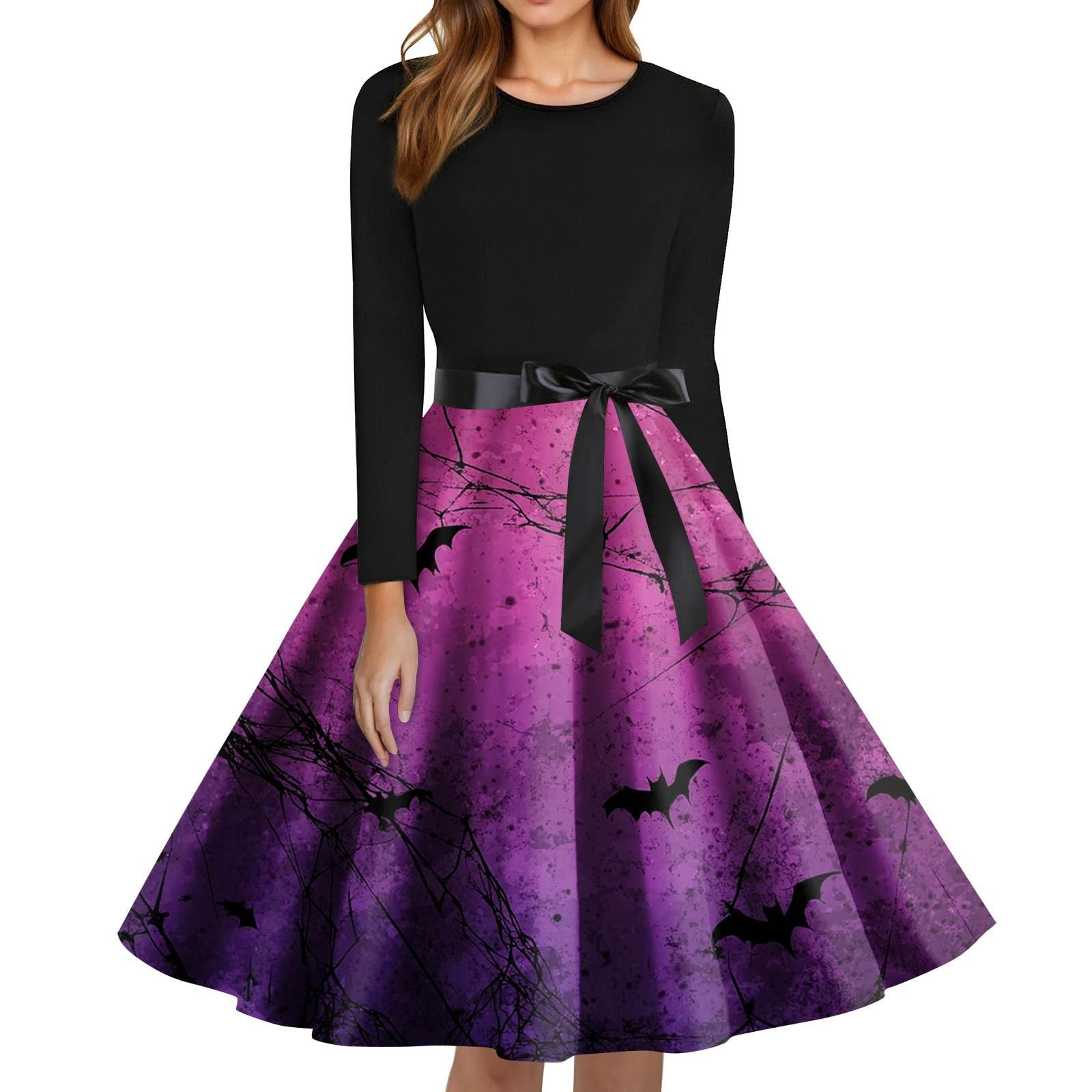 

Women s Fashion O-Neck Casual Slim Fit Halloween Printed Long Sleeve Dress XXXXXL фіолетовий