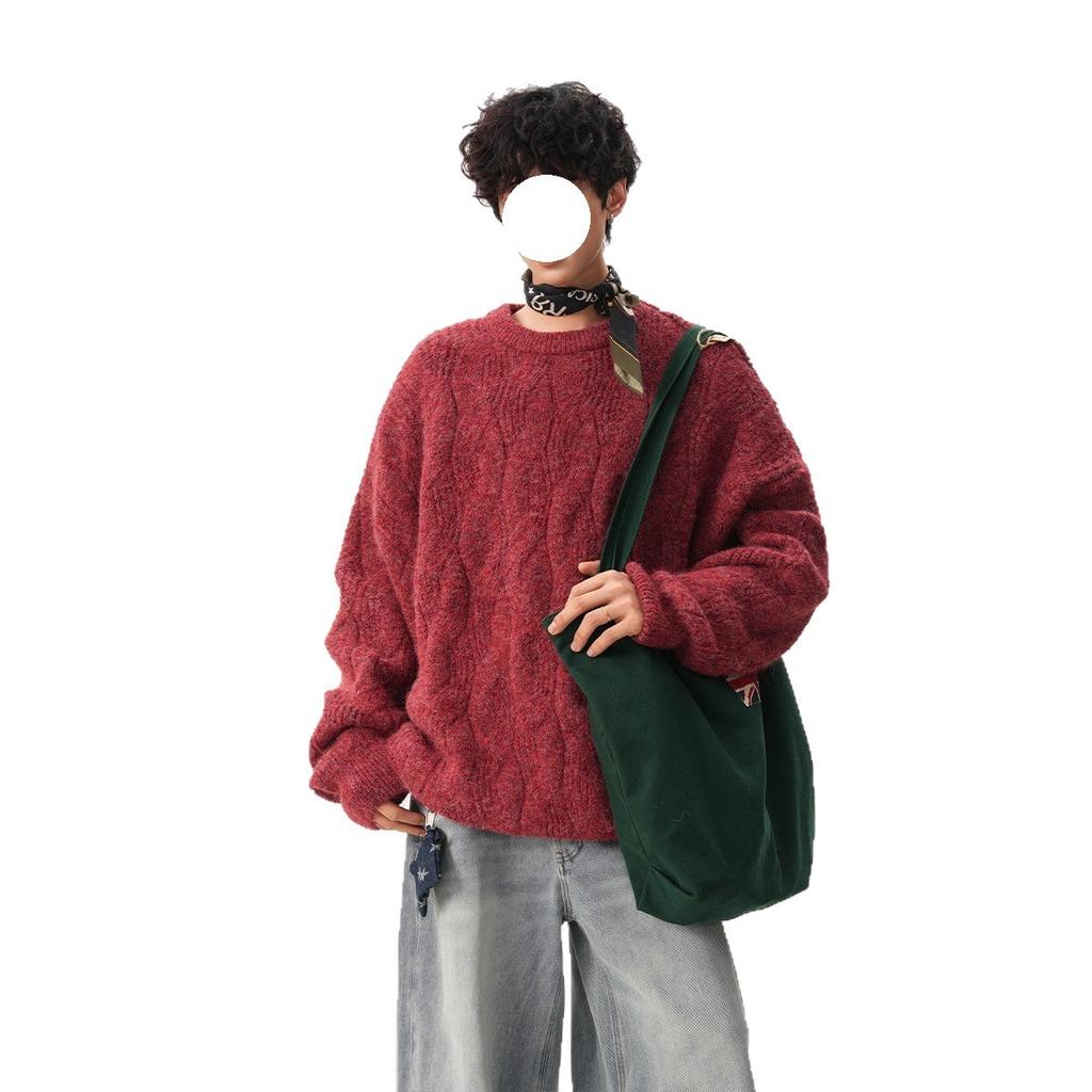 Retro heavy texture crew neck knitted sweater men's and women's autumn and winter design simple loose couple pullover top