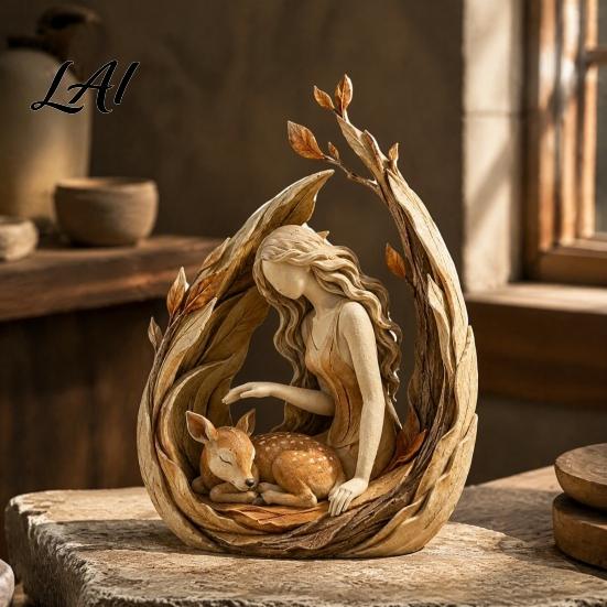 Resin Animal Sculpture Woodland Guardian Figurine Rustic Forest Woman with Fox Deer Owl Artistic Keepsake Boho Tabletop Ornament for Shelf