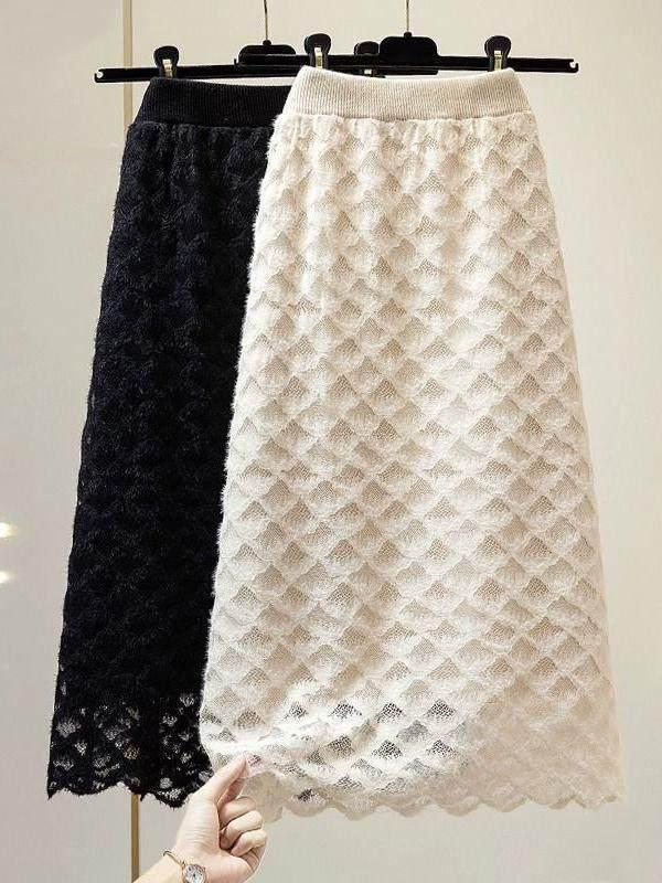 Damen Winter A-Linie Strick Häkelspitze Bodycon Rock