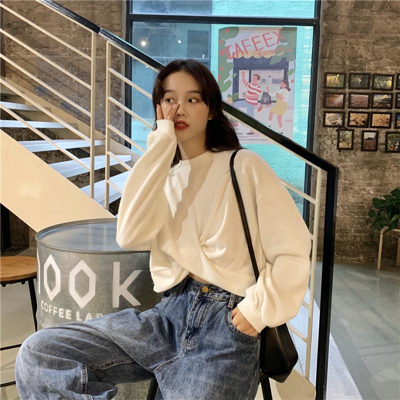 Bluză de trening pentru femei, mărime plus, largă, de toamnă, cu buricul la vedere, cu mâneci lungi