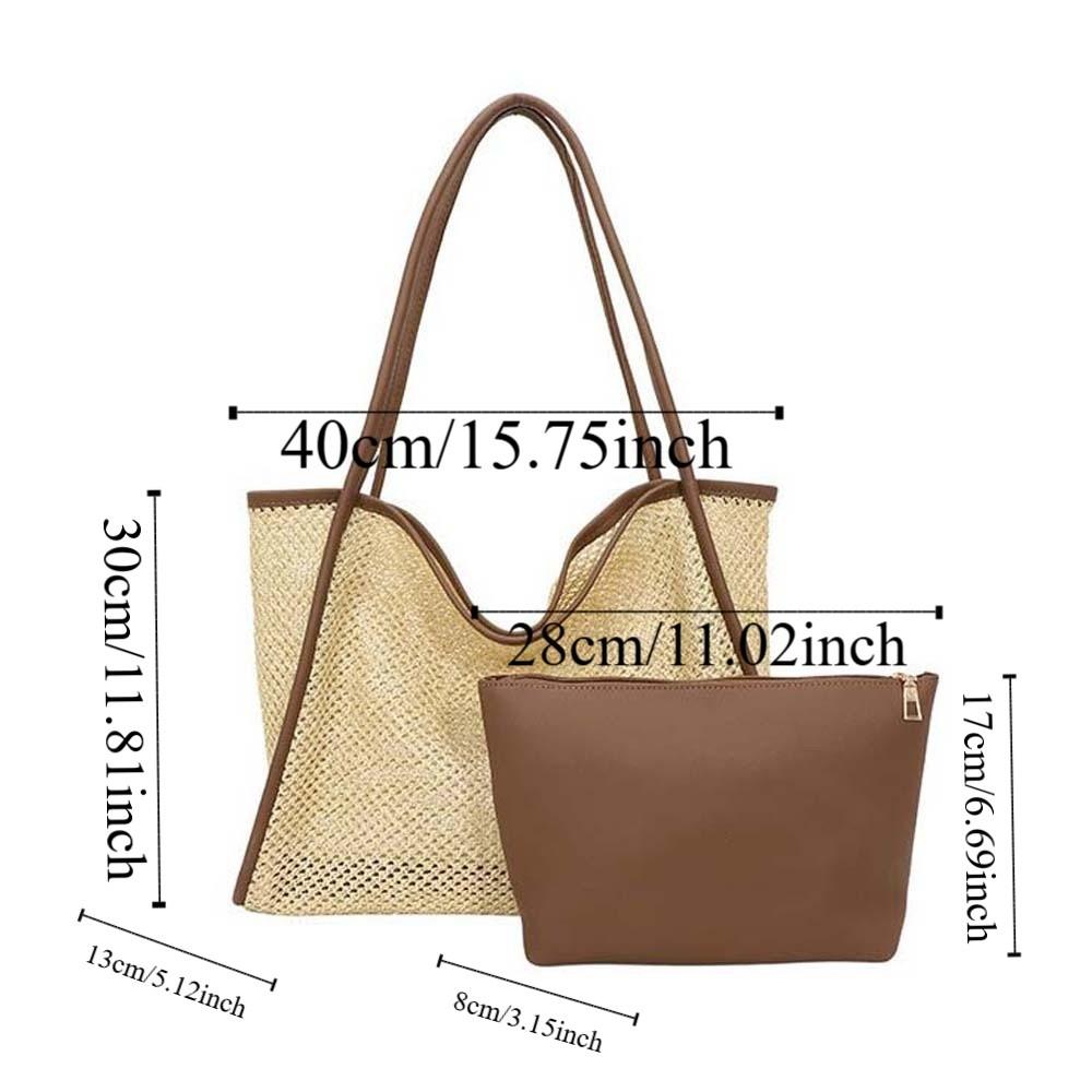 Large Capacity Beach Hollow Composite Tote Lightweight Leather Small Pouch Straw Woven Shoulder Bag Solid Color Polyester