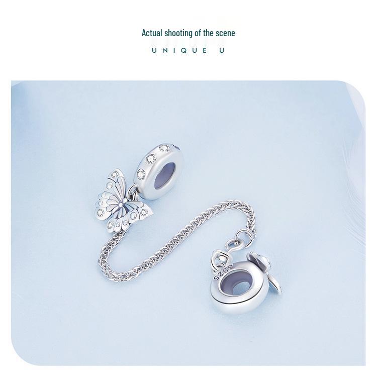 925 Sterling Silver Butterfly Safety Chain with Silicone Beads for DIY Bracelets