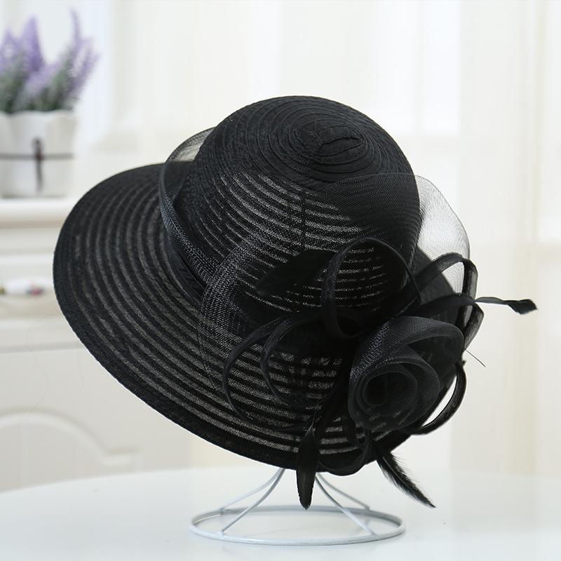 Elegante Sommer-Breitkrempen-Damenhut Große Satinblume Band Feder Schlapphut Strandsonnenhut Kentucky Derby Hochzeits-Kirchenhüte