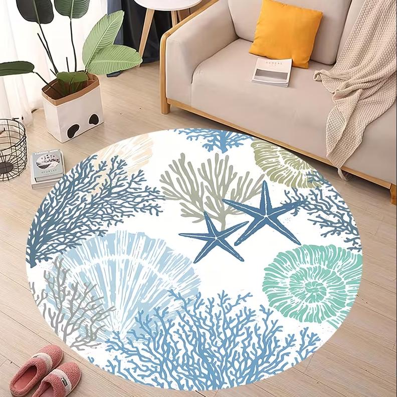 

A Circular Carpet with An Ocean Mdecorative Carpet Designed with Marine Creatures for Anti Slip Living Room and Bedroom Carpets 80cm x 80cm