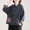 Spring and Autumn Literature and Art Loose Large Size Printed Disc Buckle Patch Western Style Disc Buckle Stand-up Collar Retro Denim Jacket Women